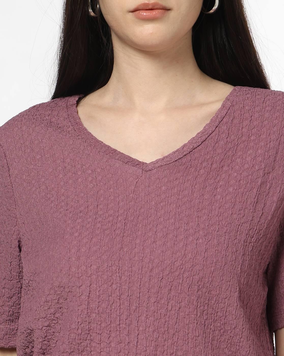Women Waffle-Knit Regular Fit V-Neck T-Shirt