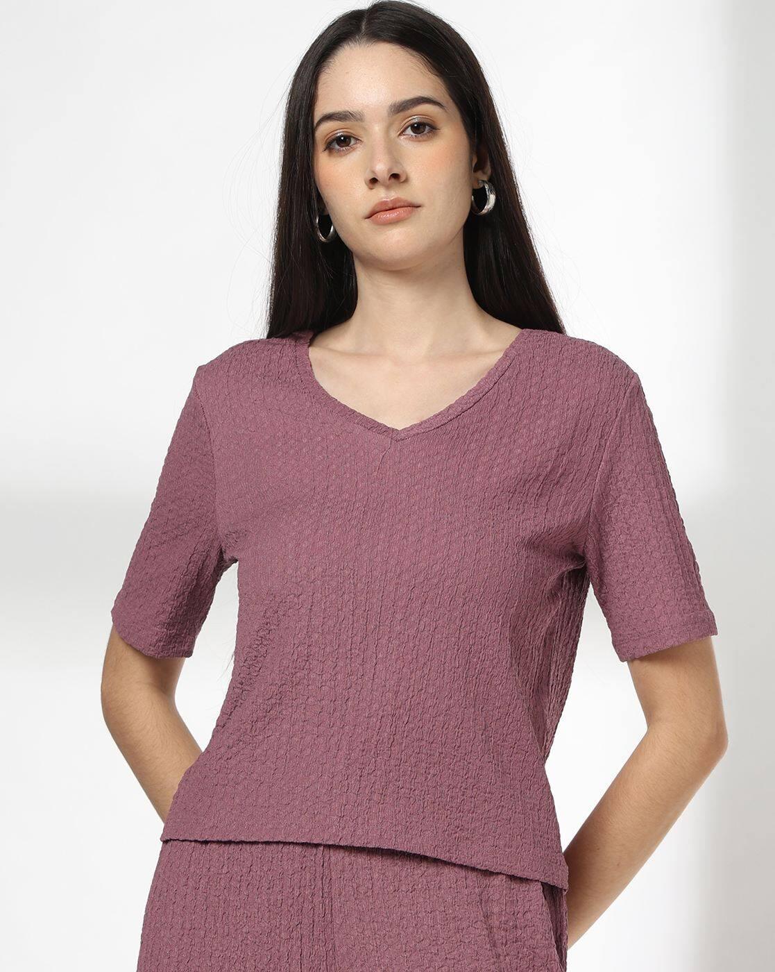 Women Waffle-Knit Regular Fit V-Neck T-Shirt