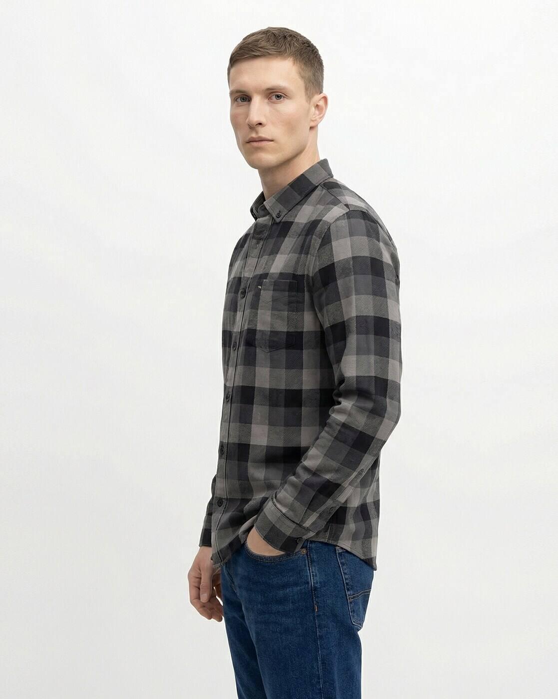 Checked Slim Fit Cotton Shirt with Patch Pocket