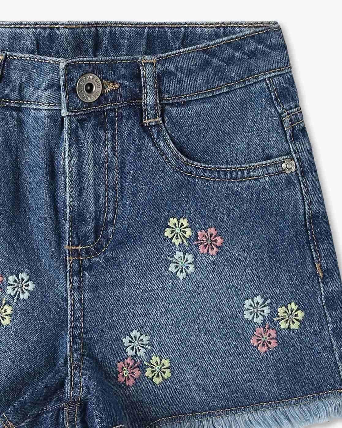 Girls Floral Embroidered Regular Fit Cotton Shorts
