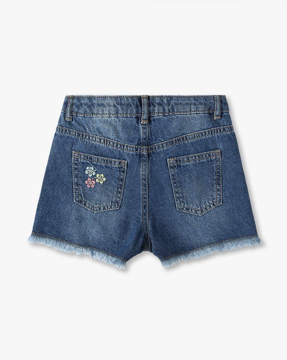 Girls Floral Embroidered Regular Fit Cotton Shorts