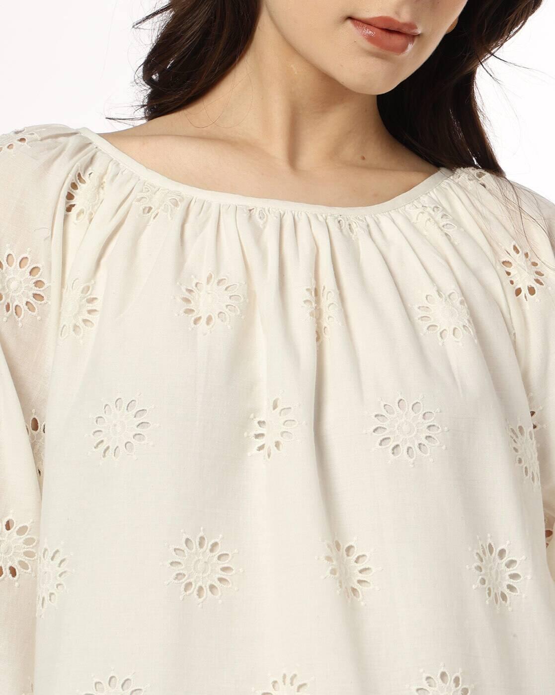 Women Round Neck Schiffli Top with Scallop Hem