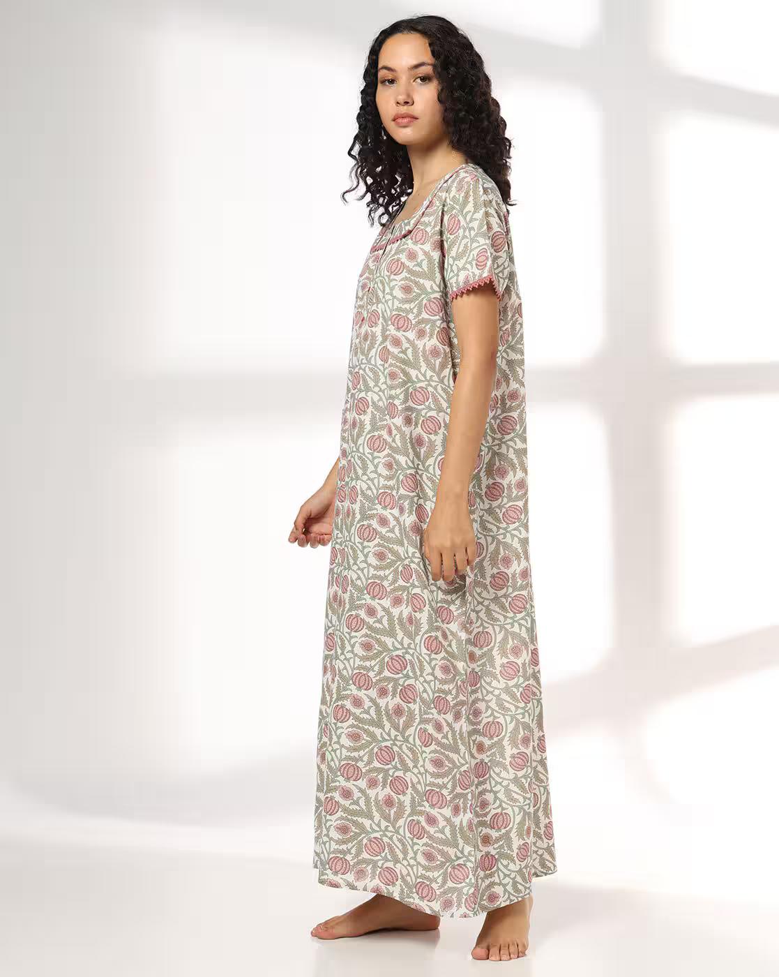 Women Floral Print Nightie with Insert Pocket