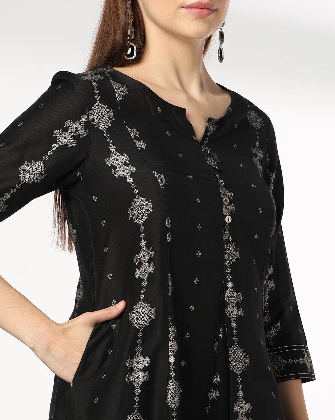 Women Foil Print Flared Kurta with Insert Pocket