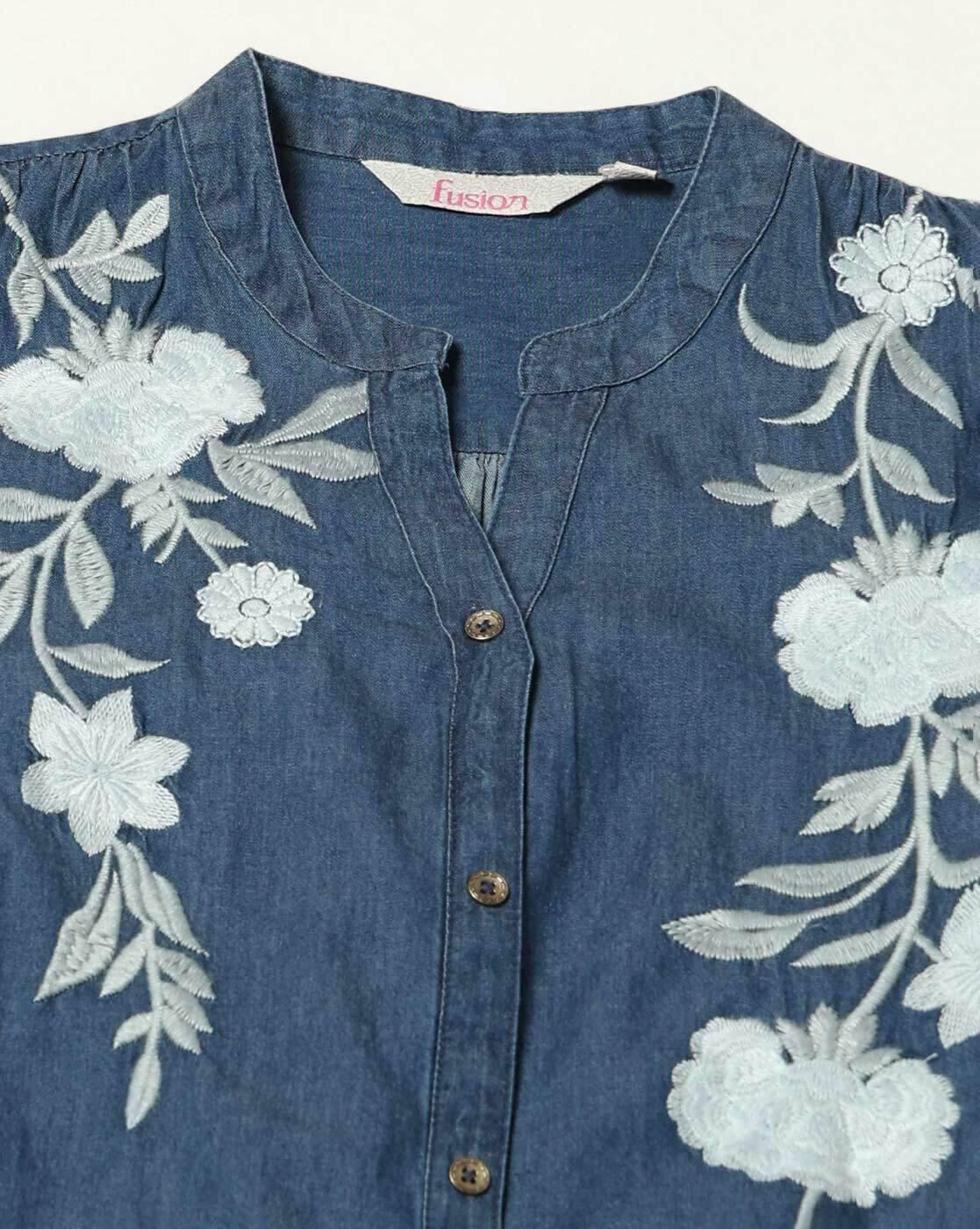 Women Embroidered Relaxed Fit Denim Tunic
