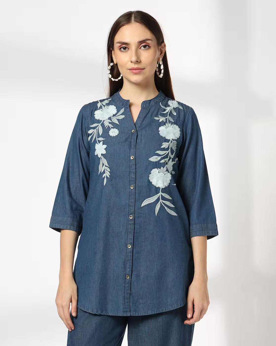 Women Embroidered Relaxed Fit Denim Tunic