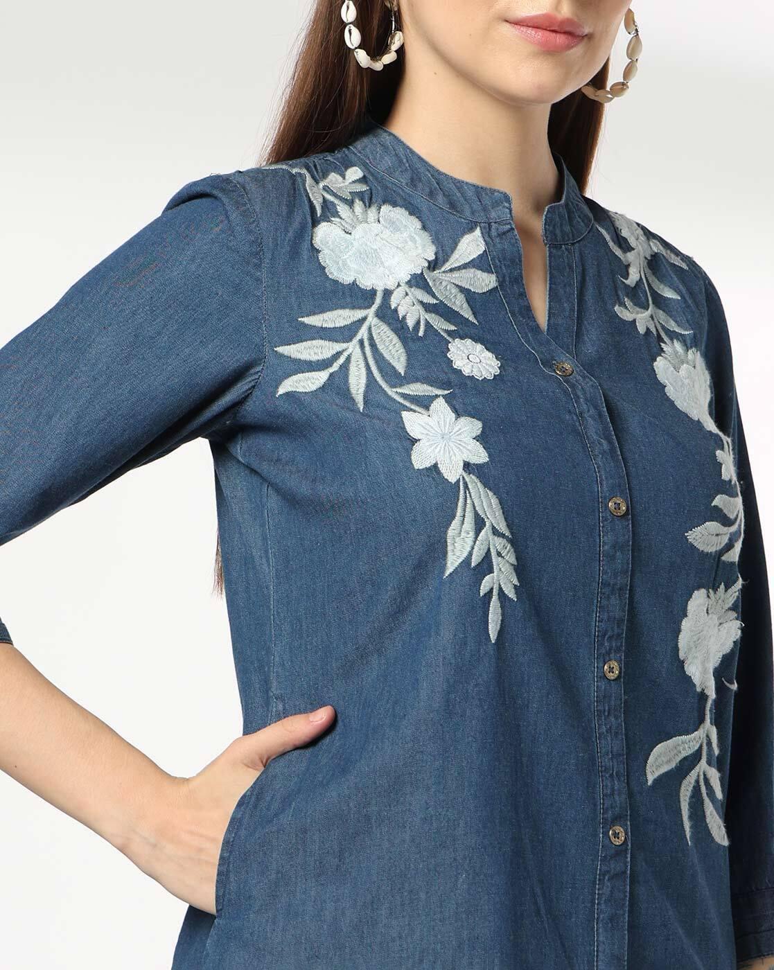 Women Embroidered Relaxed Fit Denim Tunic