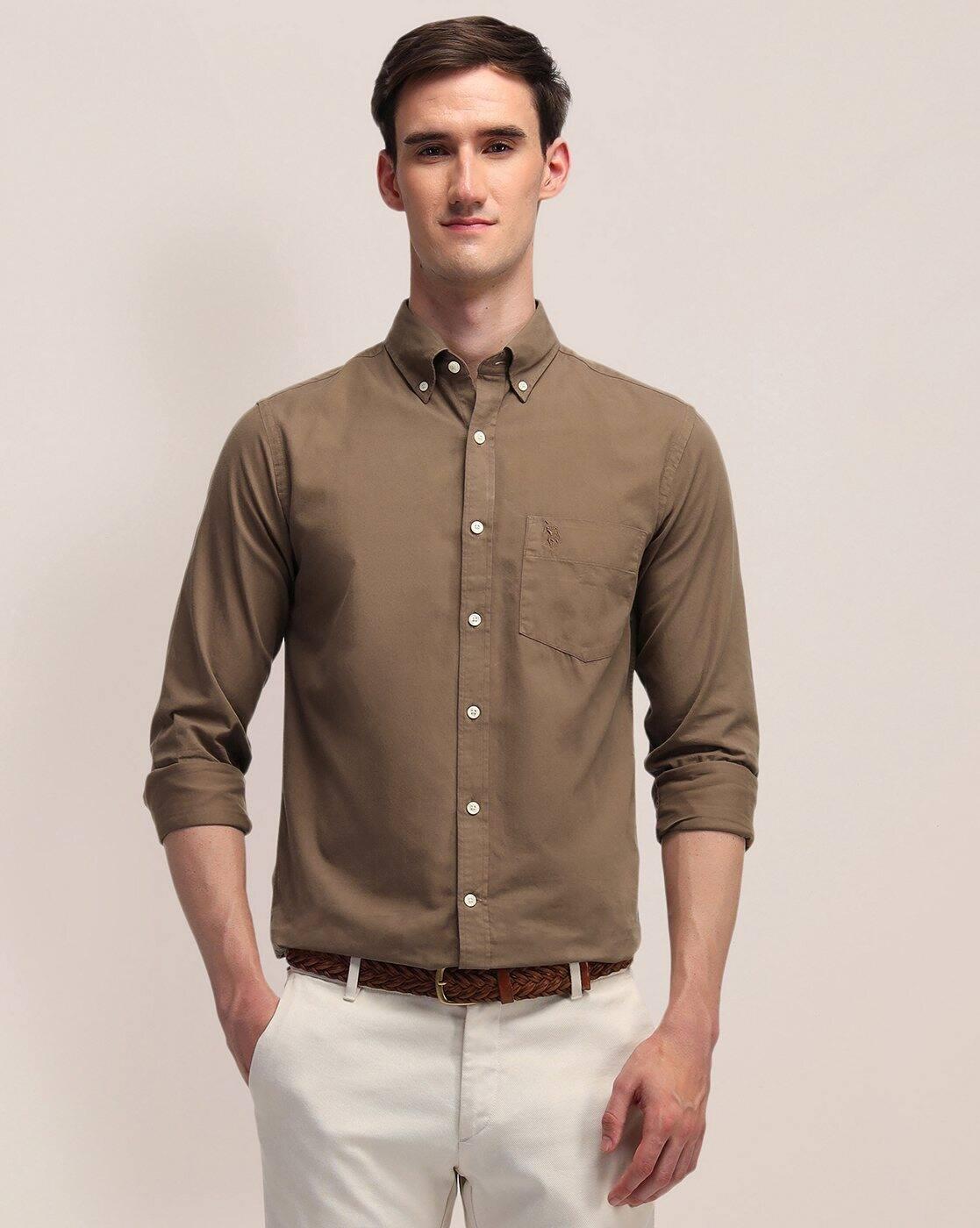 Men Slim Fit Shirt with Cuffed Sleeves