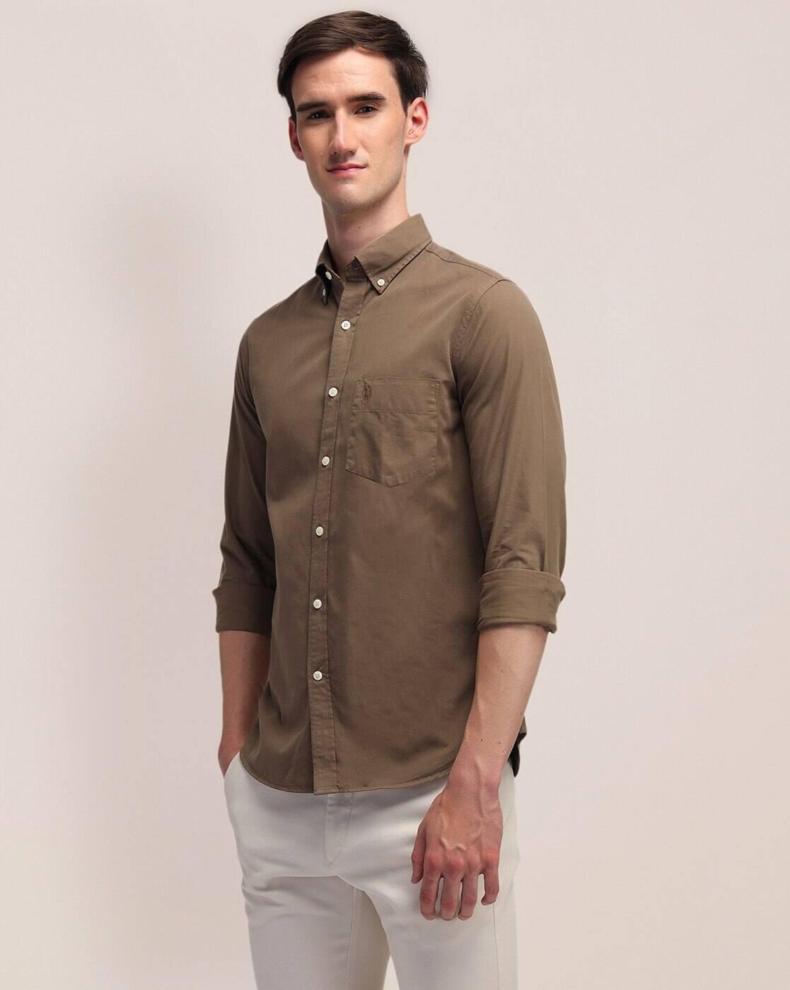 Men Slim Fit Shirt with Cuffed Sleeves