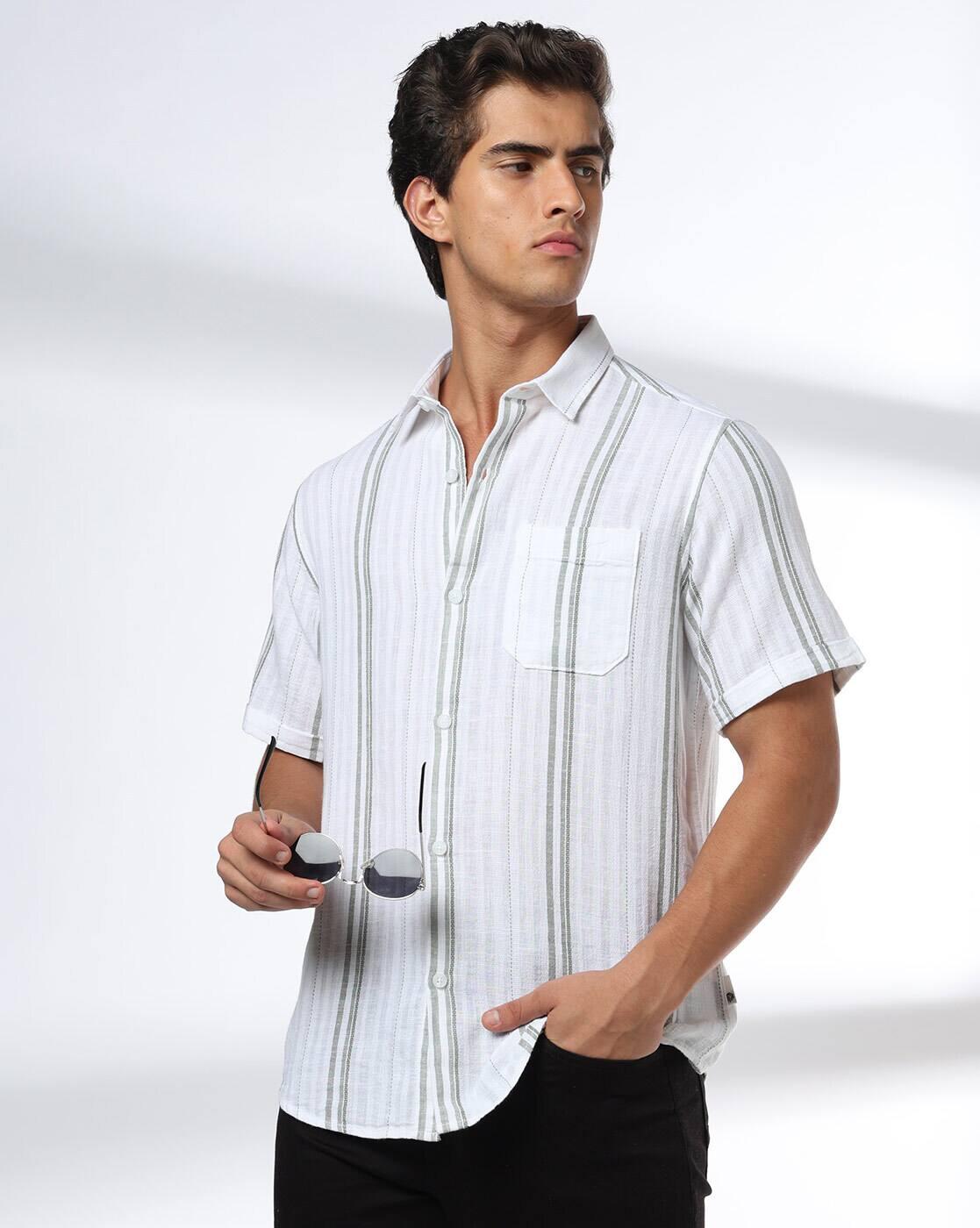 Men Striped Regular Fit Cotton Shirt with Patch Pocket