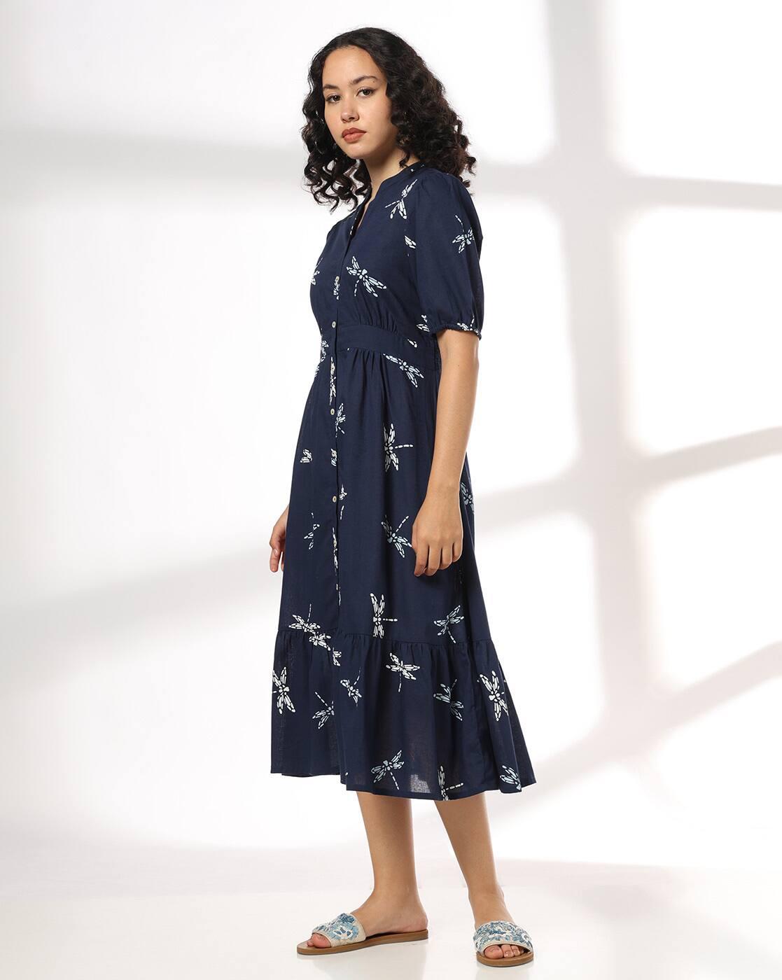 Women Printed Mandarin-Collar Tiered Dress