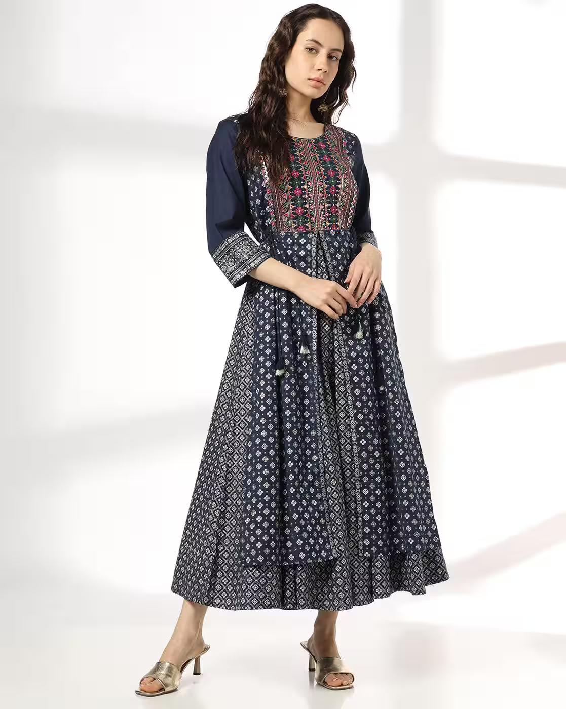 Women Fit & Flare Dress with Embroidered Yoke