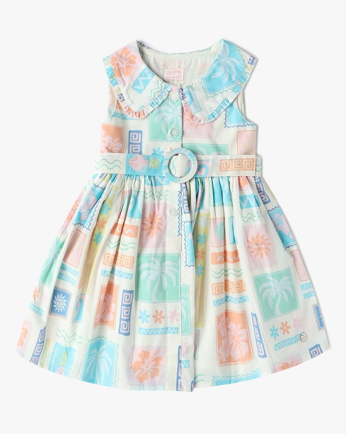Girls Printed Fit & Flare Dress with Waist Belt