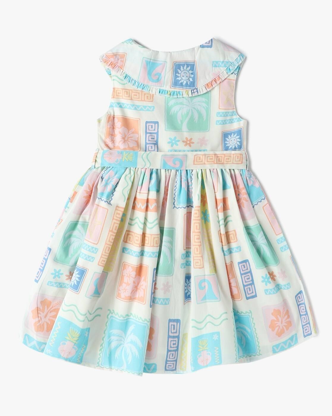 Girls Printed Fit & Flare Dress with Waist Belt