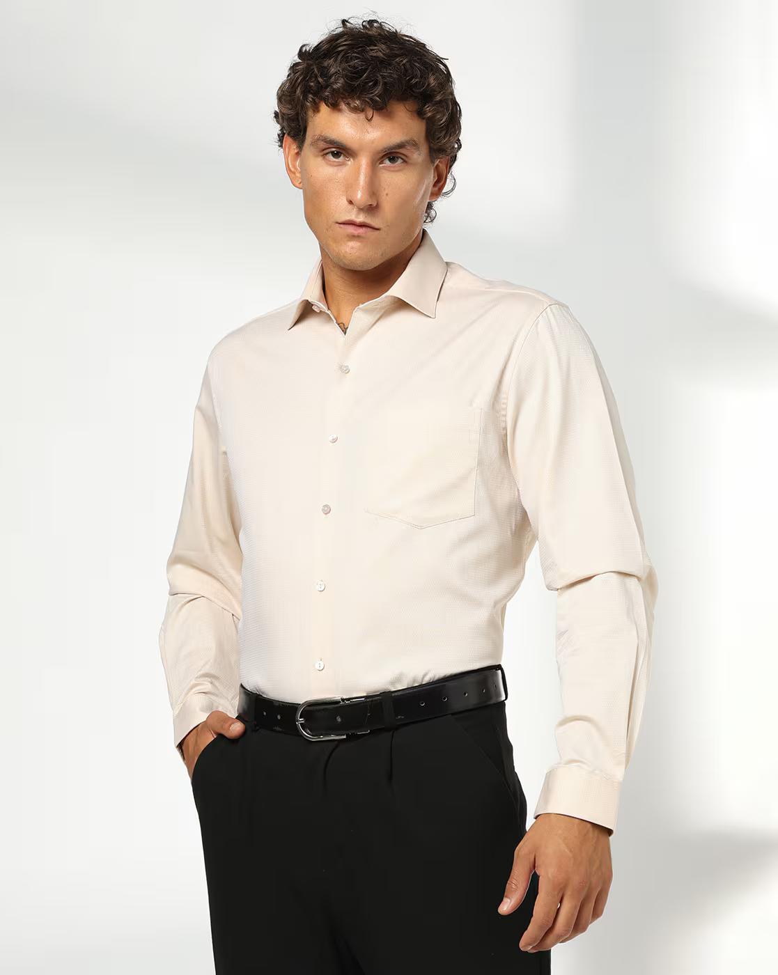 Men Regular Fit Cotton Structured Shirt with Patch Pocket