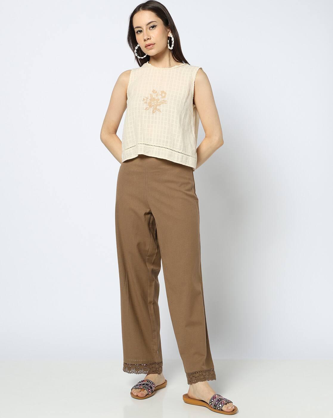 Women Straight Pants with Lace Hem
