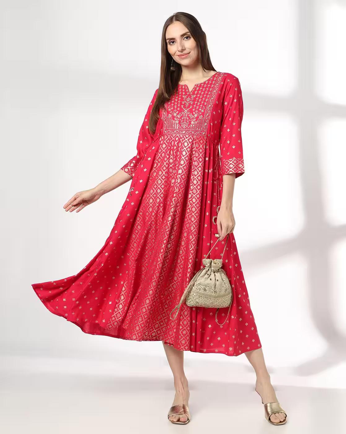 Women Fit & Flare Dress with Embroidered Yoke