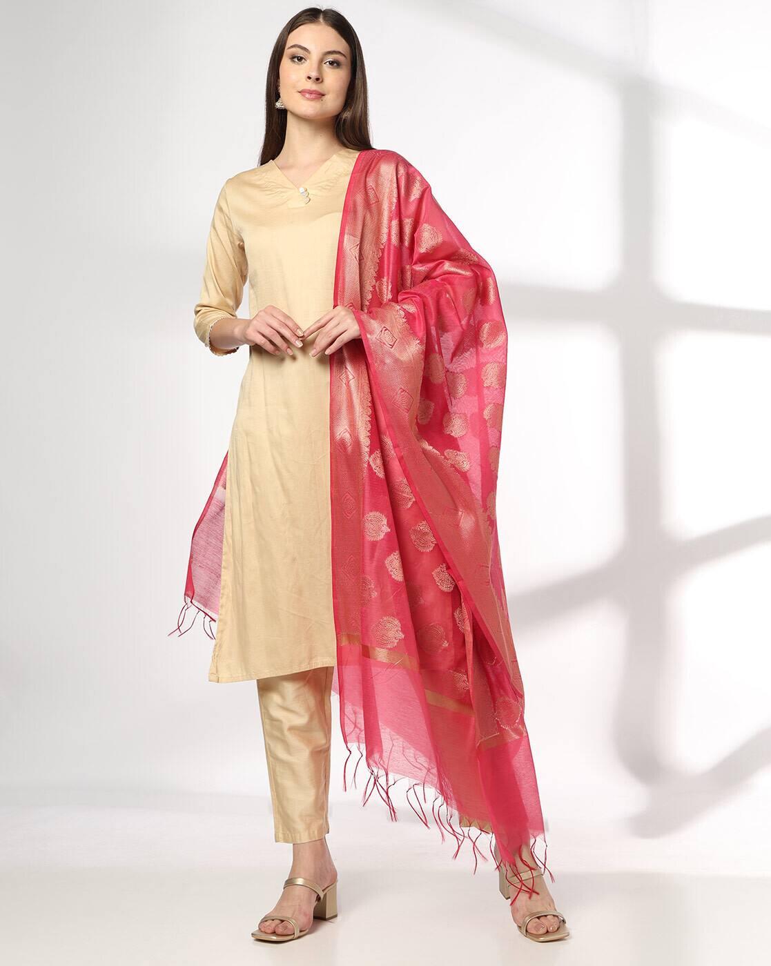 Women Floral Woven Dupatta with Tassels