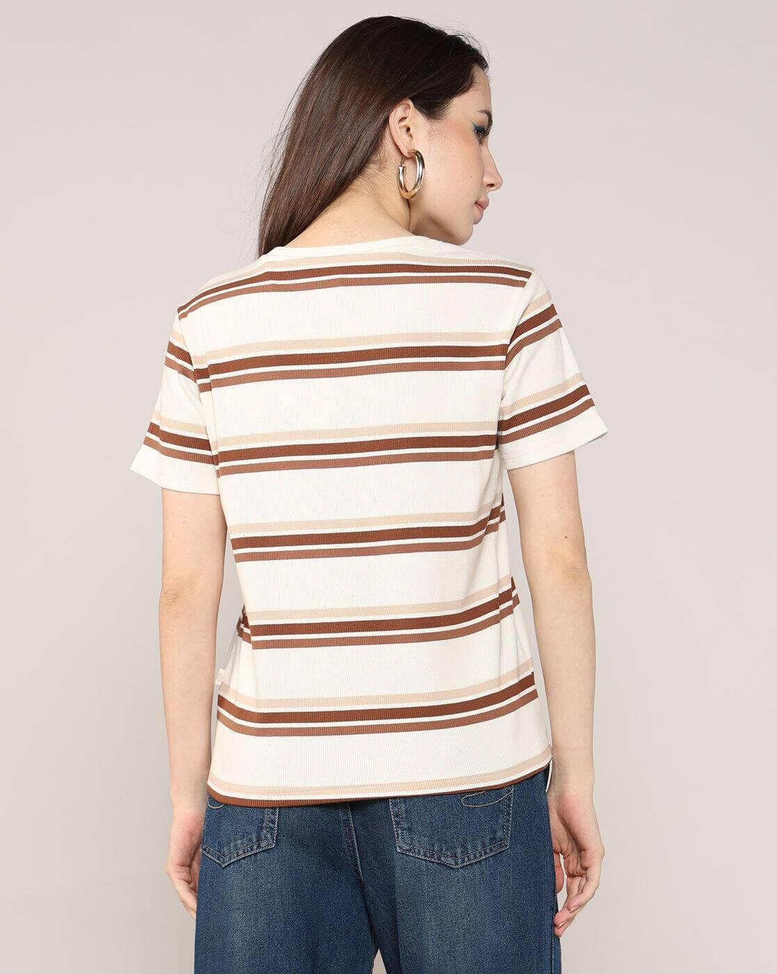 Women Striped Regular Fit Crew-Neck T-Shirt