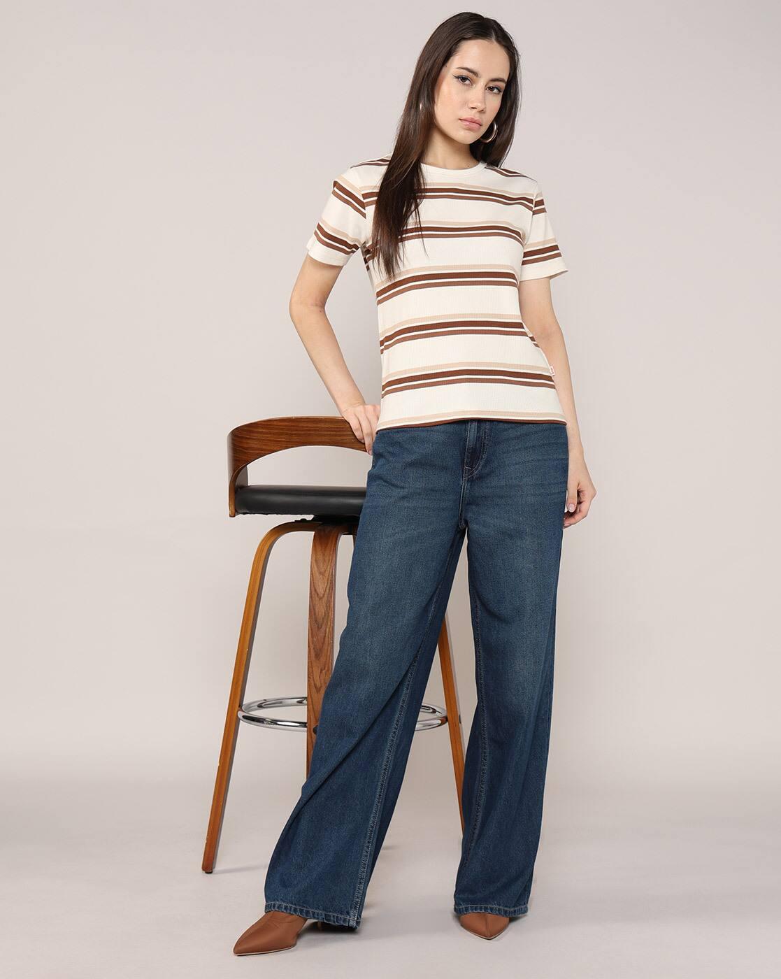 Women Striped Regular Fit Crew-Neck T-Shirt