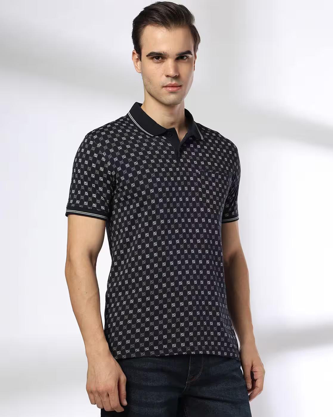 Men All-Over Print Slim Fit Polo T-Shirt with Contrast Tipping