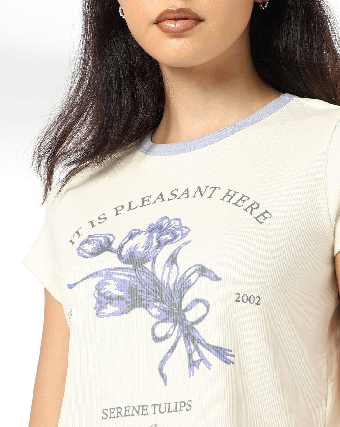 Women Graphic Print Ringer Regular Fit Crew-Neck T-Shirt