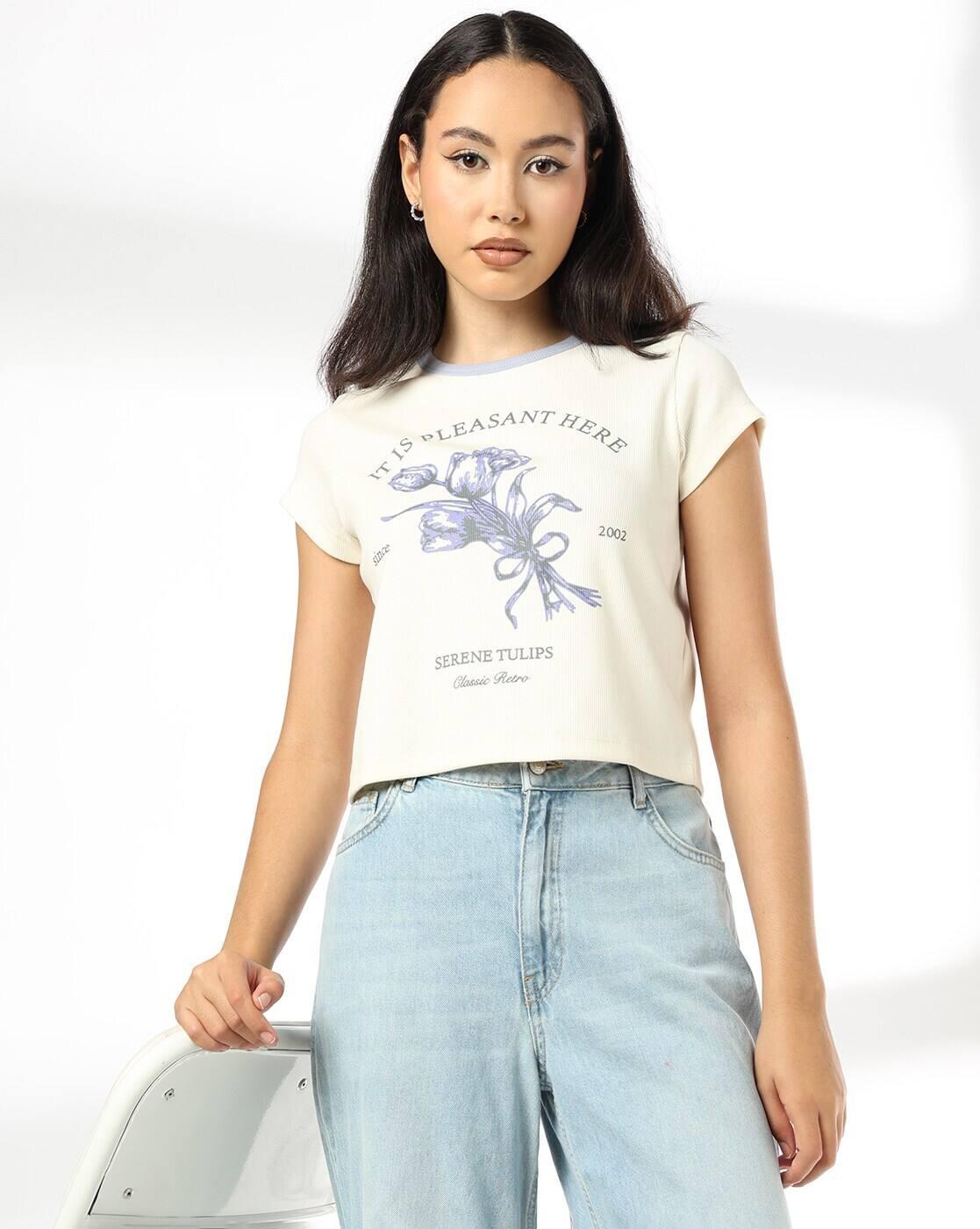 Women Graphic Print Ringer Regular Fit Crew-Neck T-Shirt