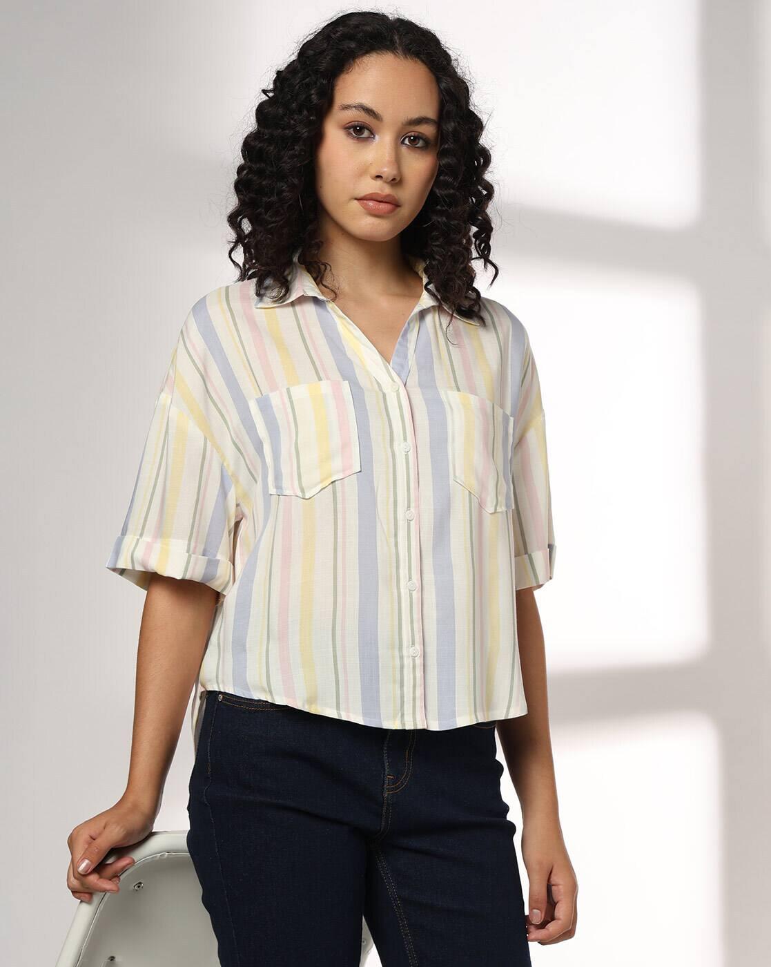 Women Striped Oversized Shirt with Patch Pockets