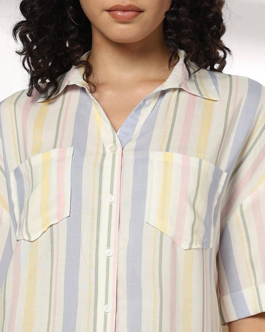 Women Striped Oversized Shirt with Patch Pockets