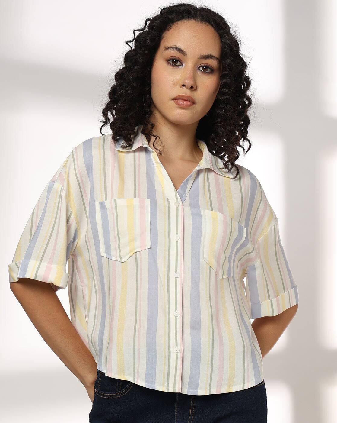Women Striped Oversized Shirt with Patch Pockets