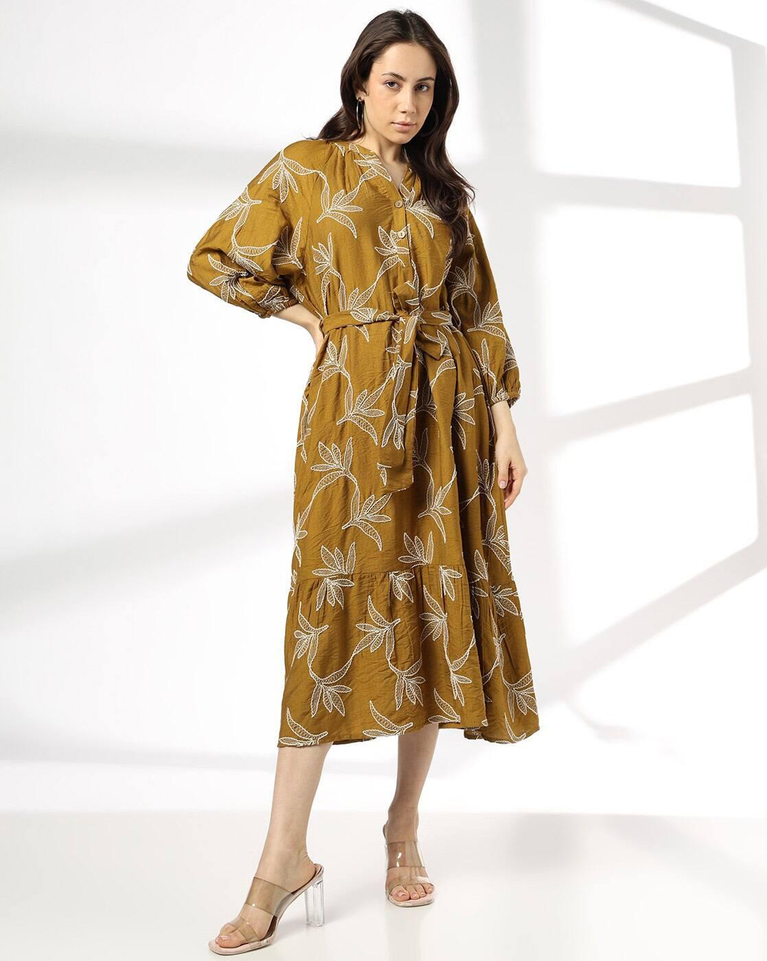 Women Embroidered Fit & Flare Dress with Waist Tie-Up