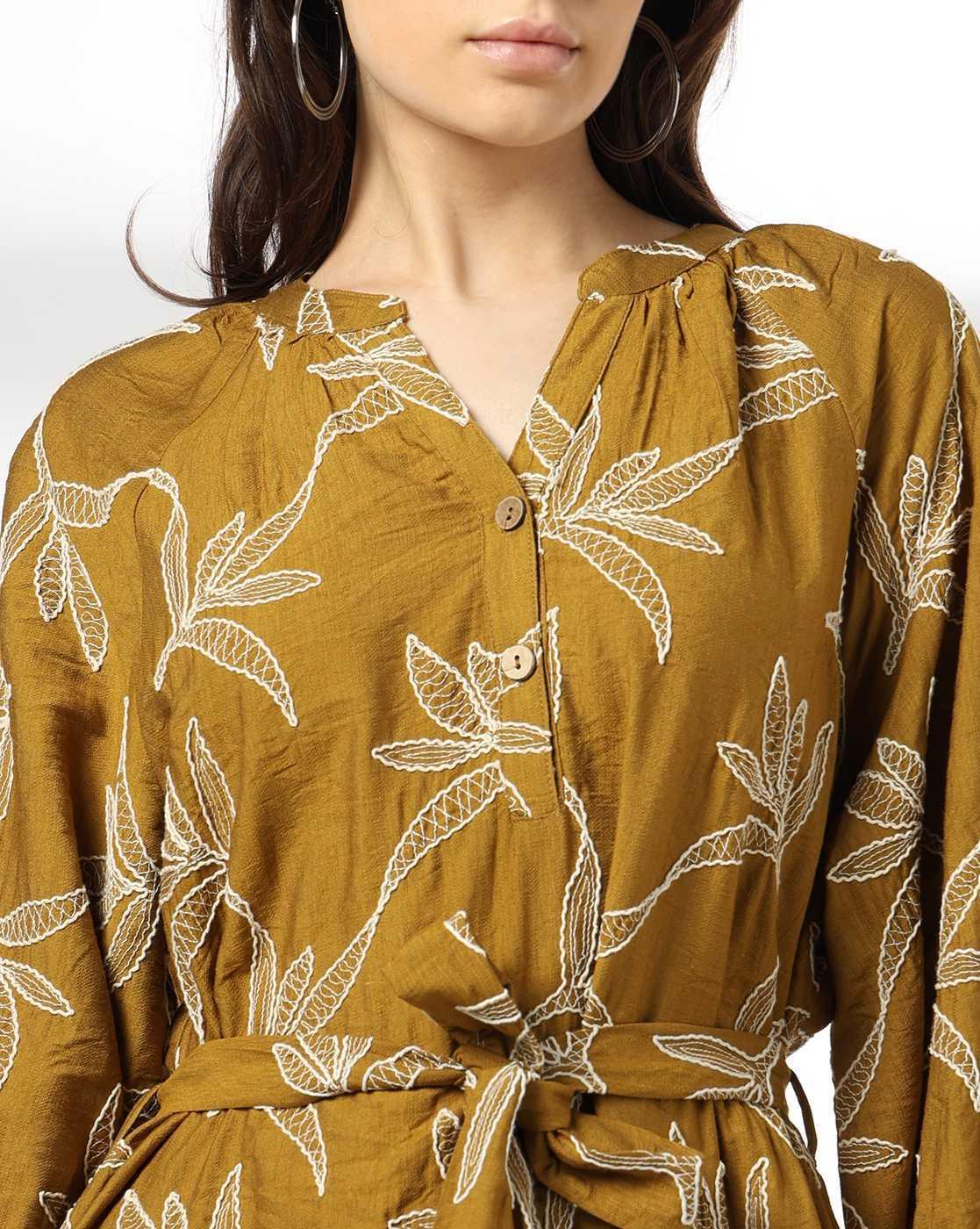 Women Embroidered Fit & Flare Dress with Waist Tie-Up