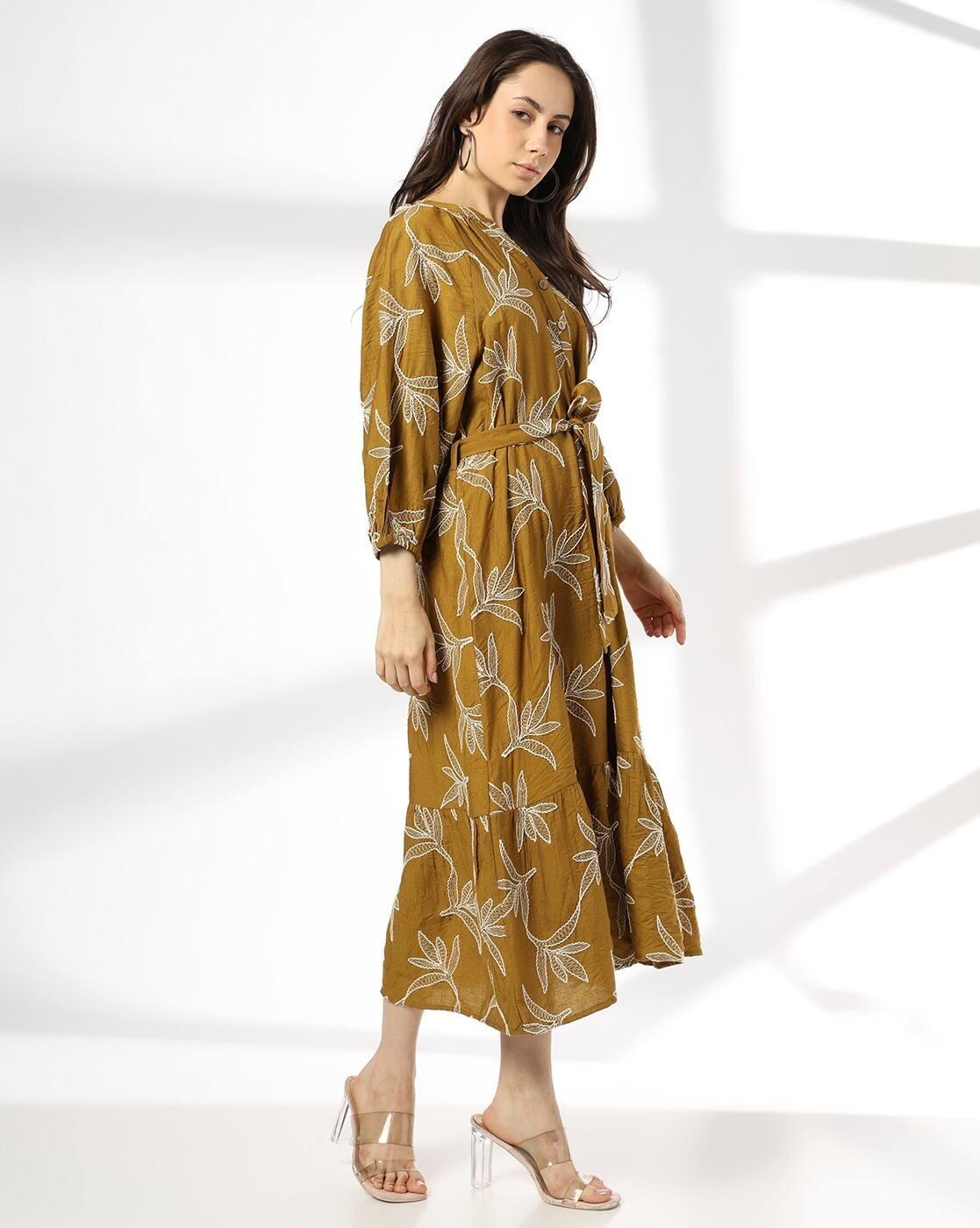 Women Embroidered Fit & Flare Dress with Waist Tie-Up