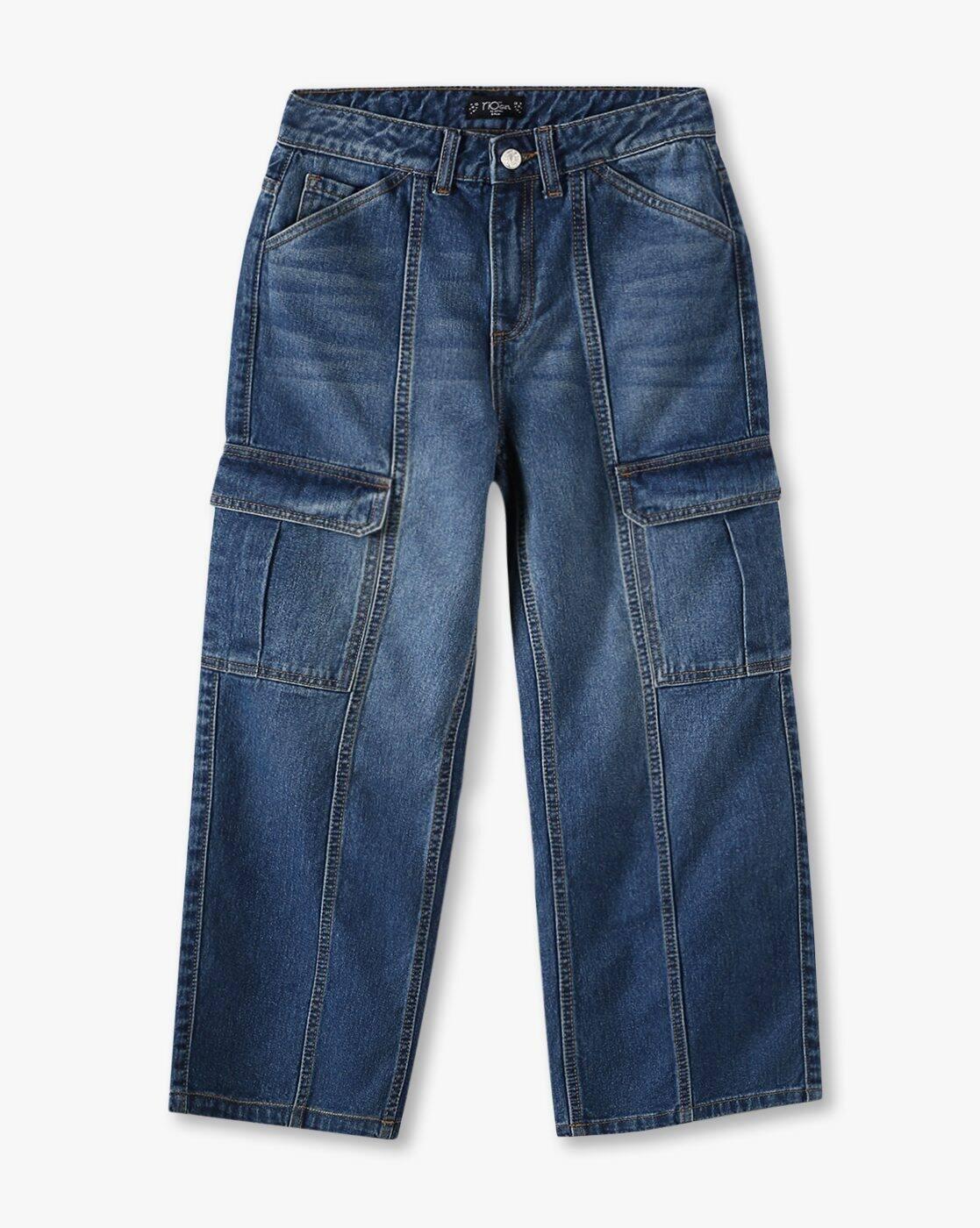 Girls Lightly Washed Relaxed Cargo Jeans