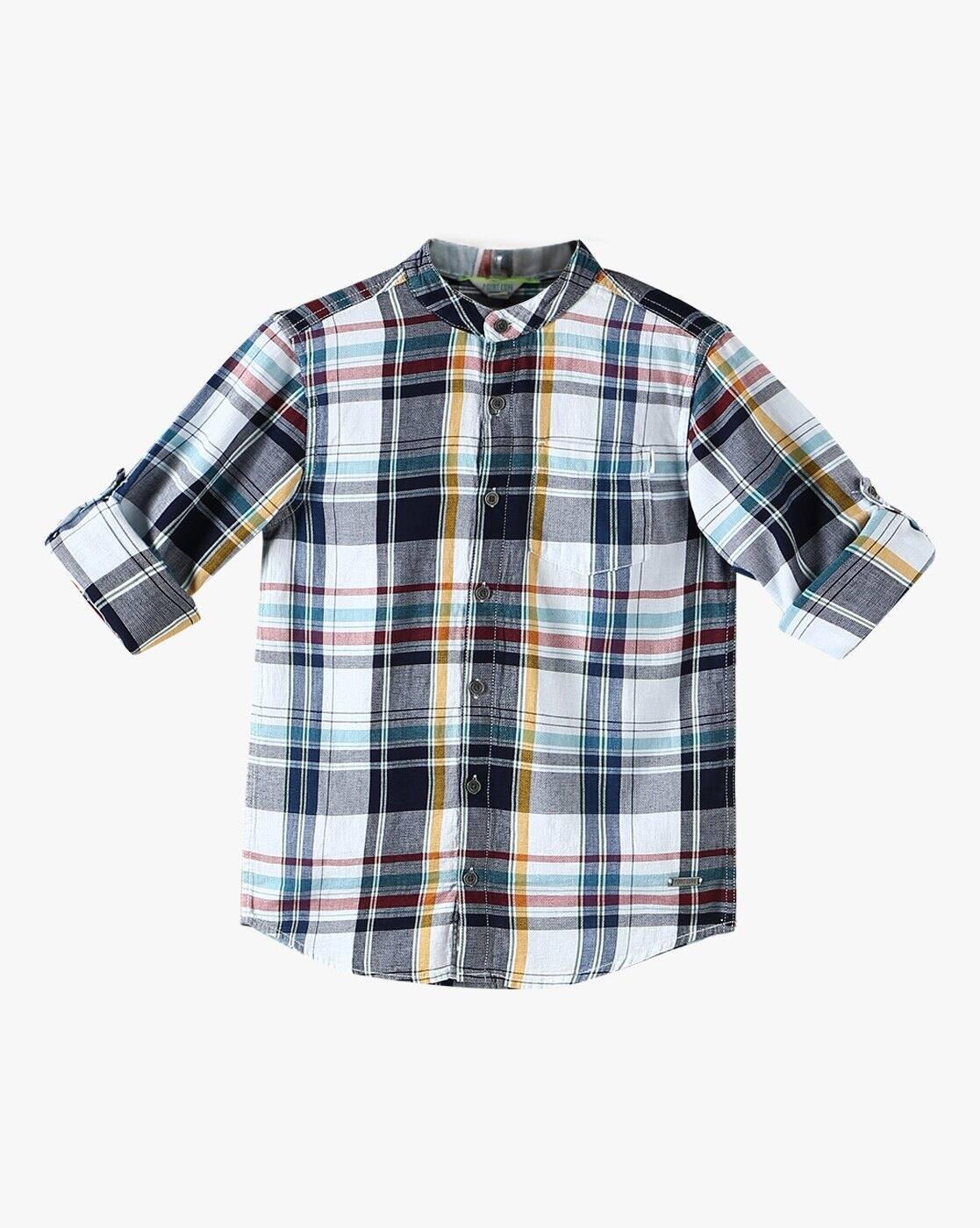 Boys Checked Relaxed Fit Hooded Shirt with Patch Pocket