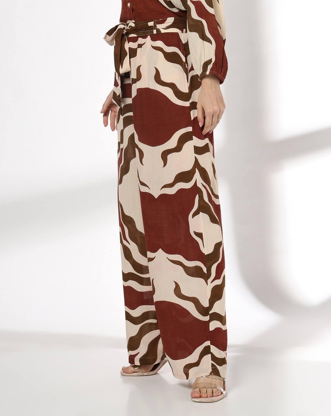Women Printed Wide-Leg Flat-Front Pants with Tie-Up Belt