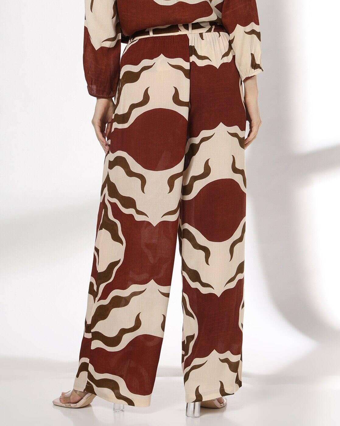 Women Printed Wide-Leg Flat-Front Pants with Tie-Up Belt