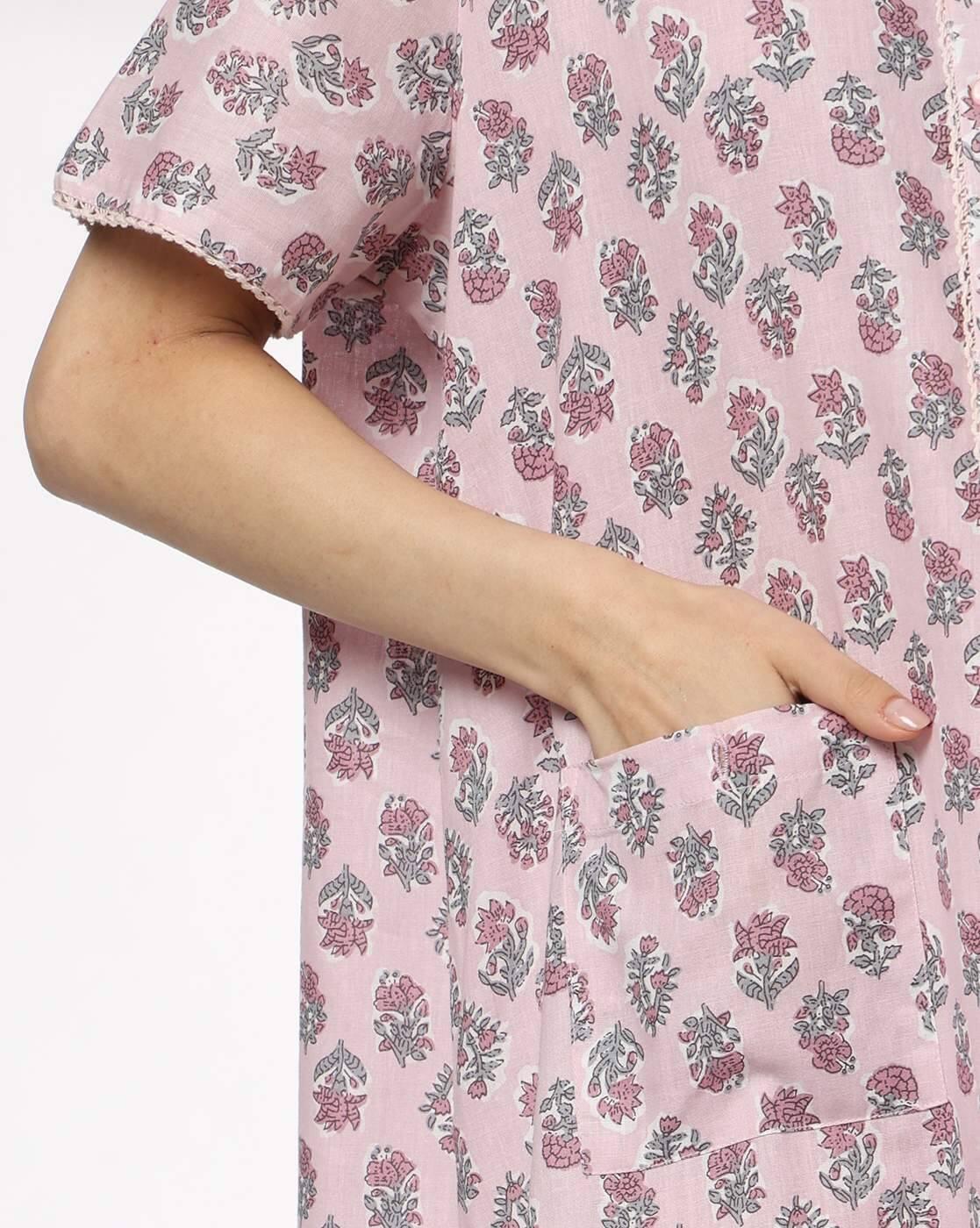 Women Floral Print Round-Neck Nighty