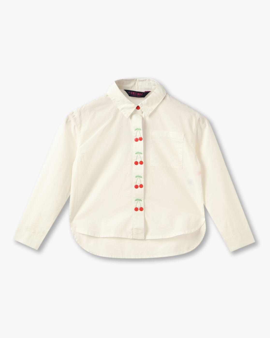 Girls Regular Fit Shirt with Cherry Embroidered Button Detail
