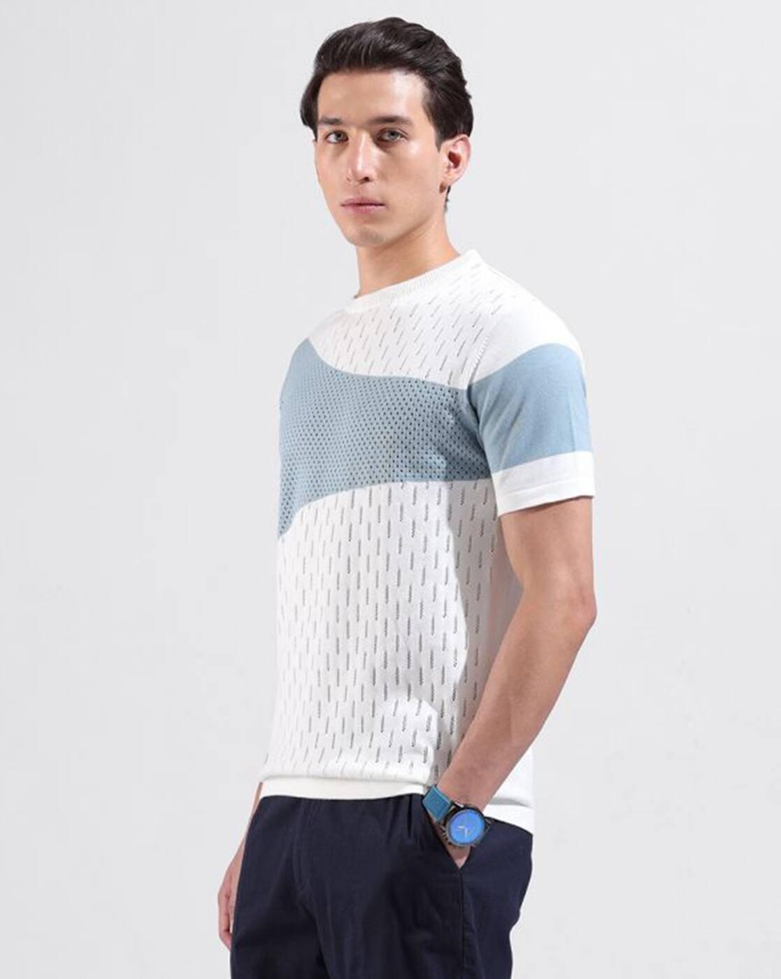 Men Colourblock Slim Fit Flat Knit Crew-Neck T-Shirt