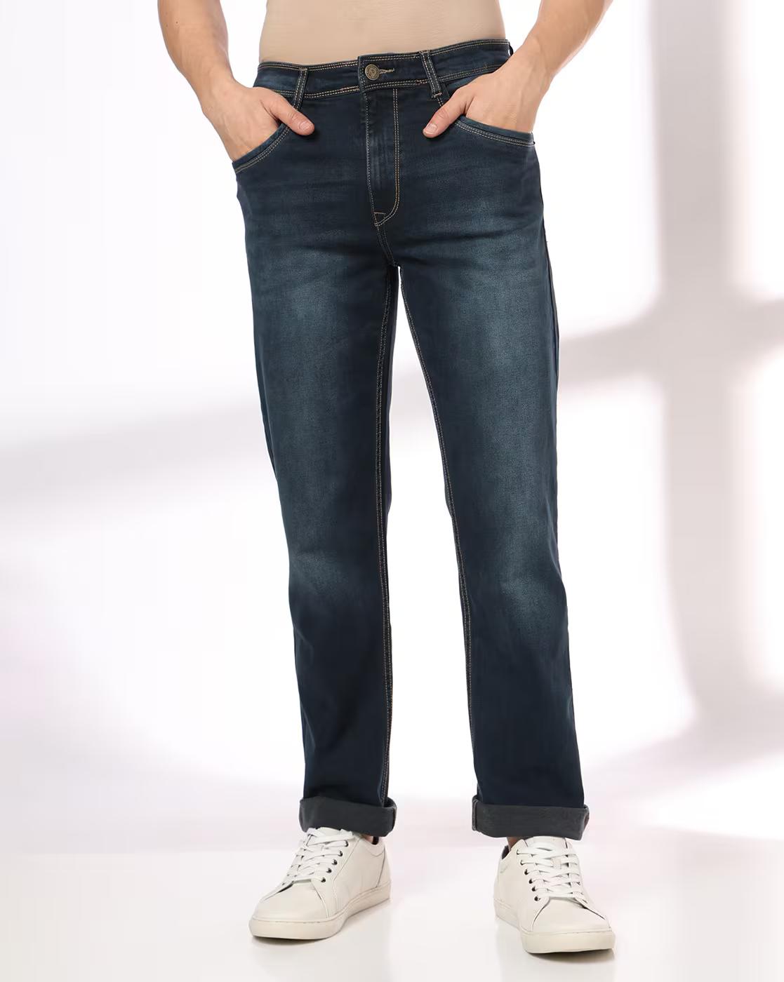 Men Lightly Washed Straight Jeans