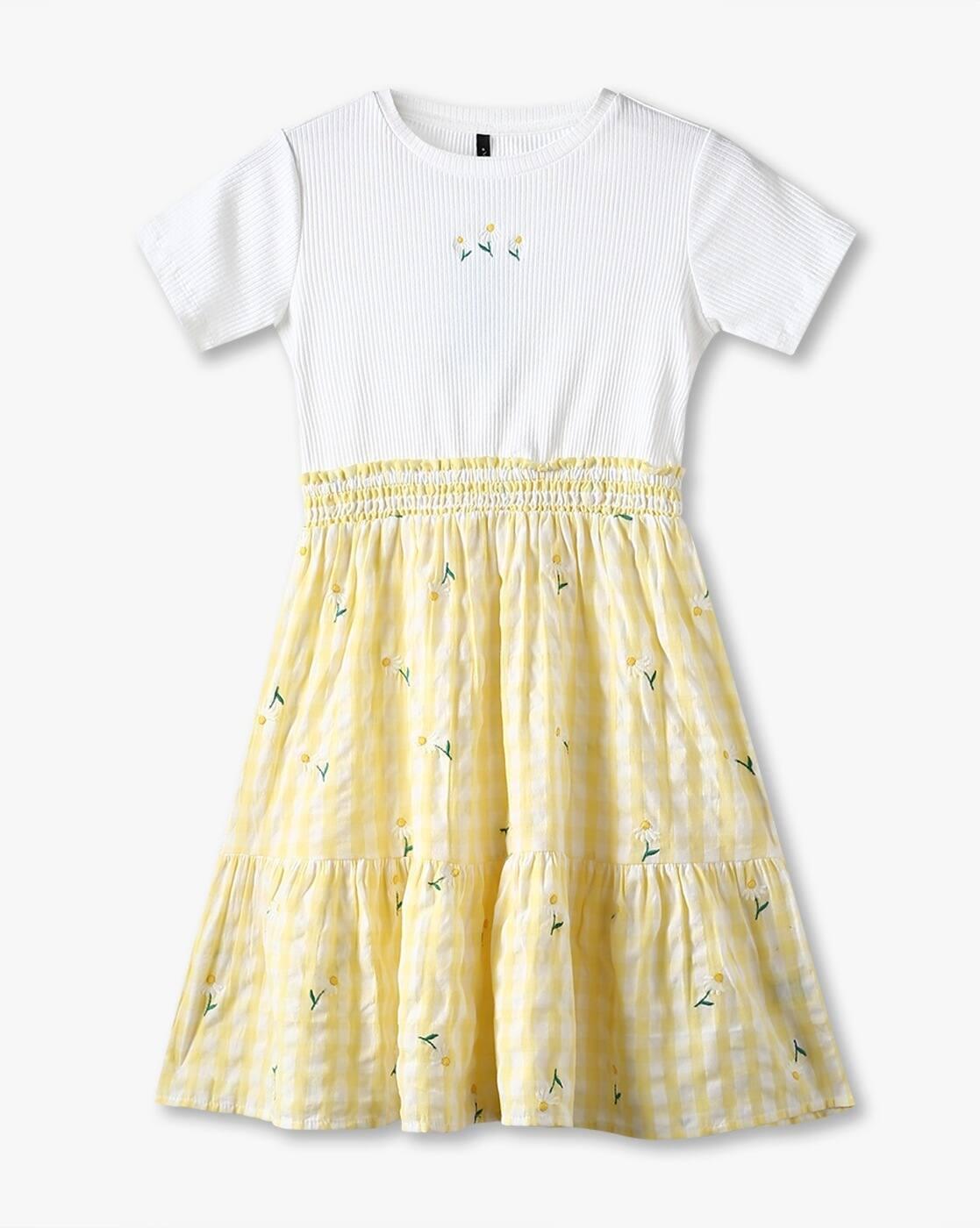 Girls Embroidered Round-Neck Tiered Dress