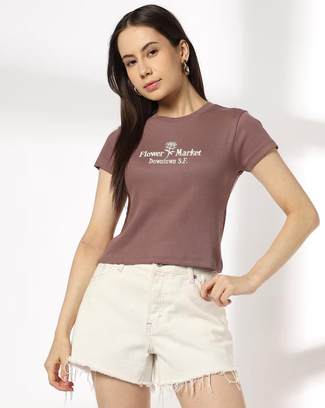 Women Embroidered Regular Fit Crew-Neck T-Shirt