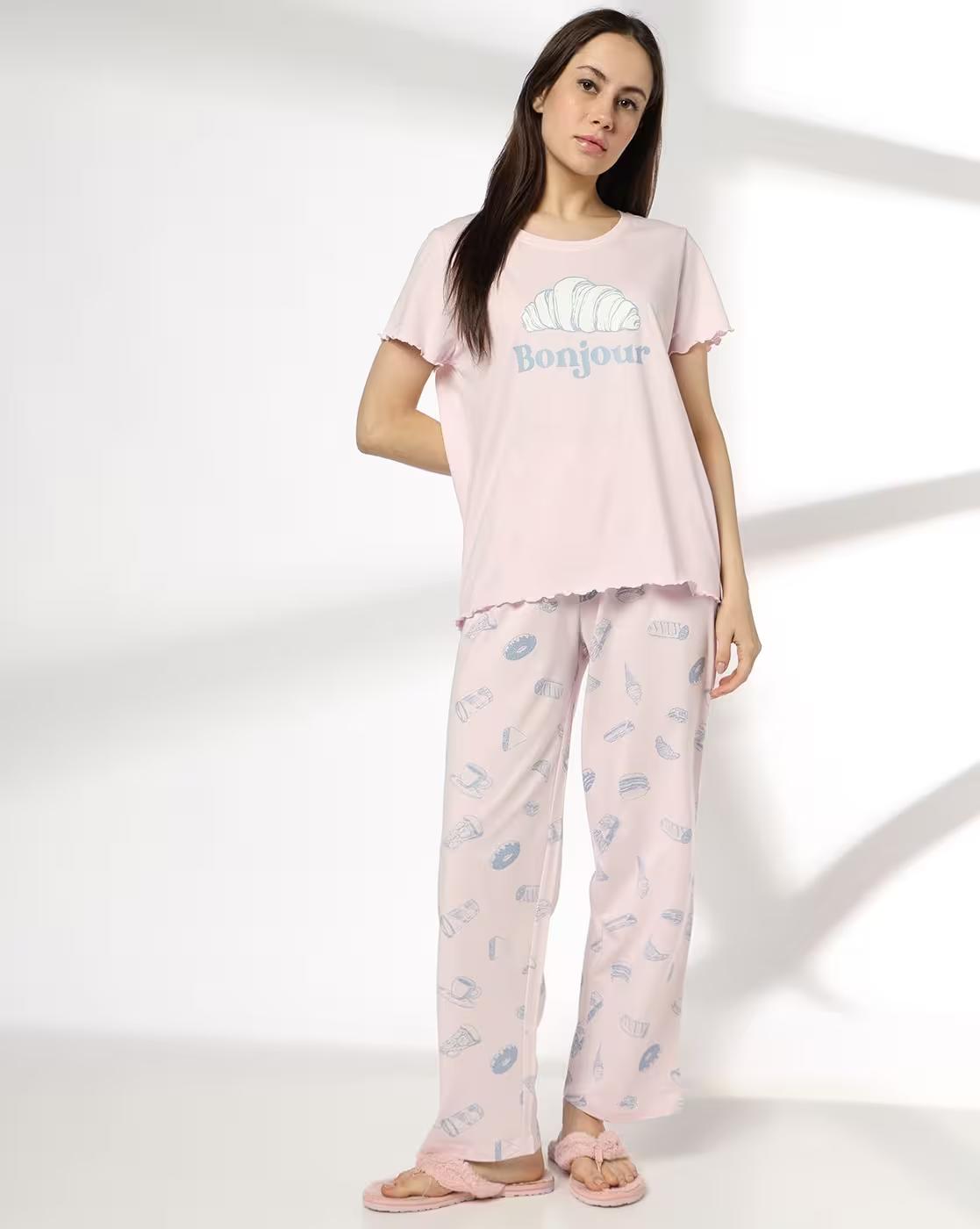Women Graphic Print T-Shirt & Pyjamas Set