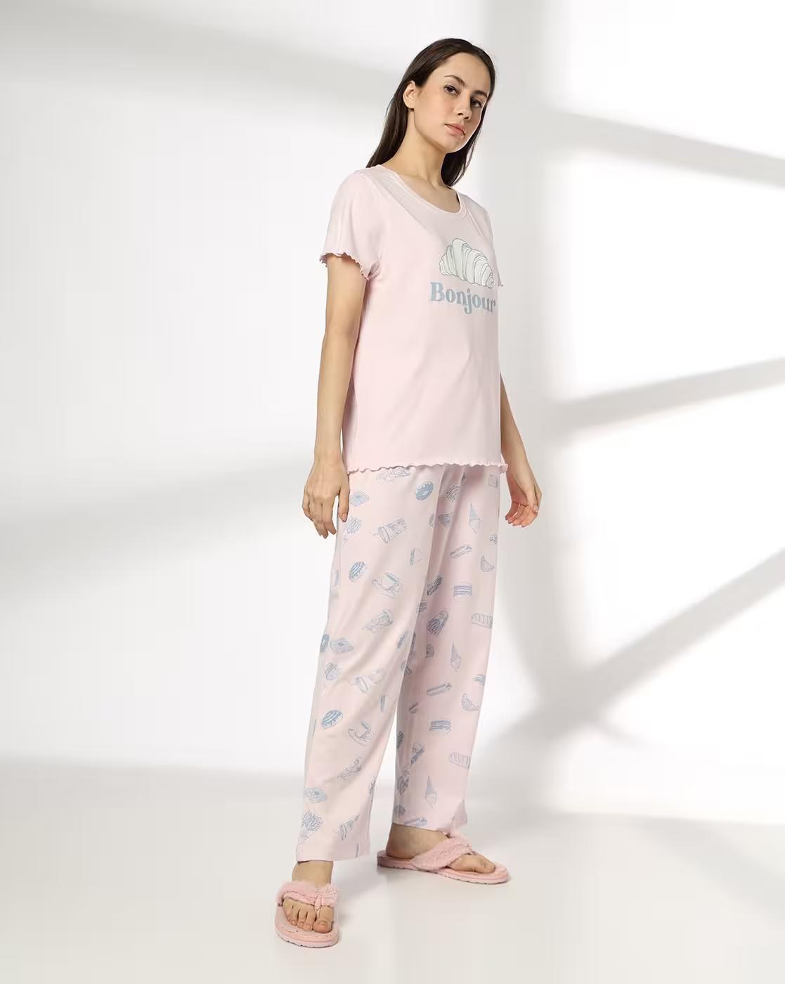 Women Graphic Print T-Shirt & Pyjamas Set