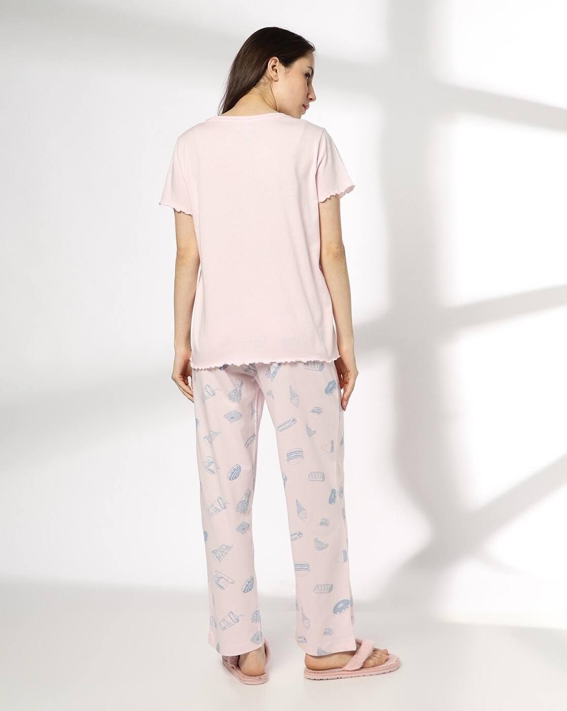 Women Graphic Print T-Shirt & Pyjamas Set