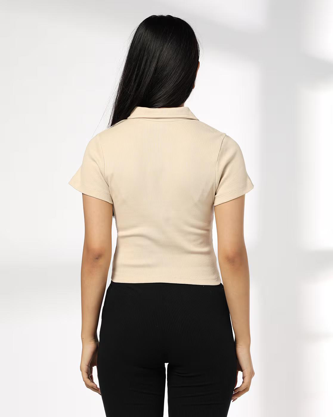 Women Ribbed Regular Fit Polo T-Shirt