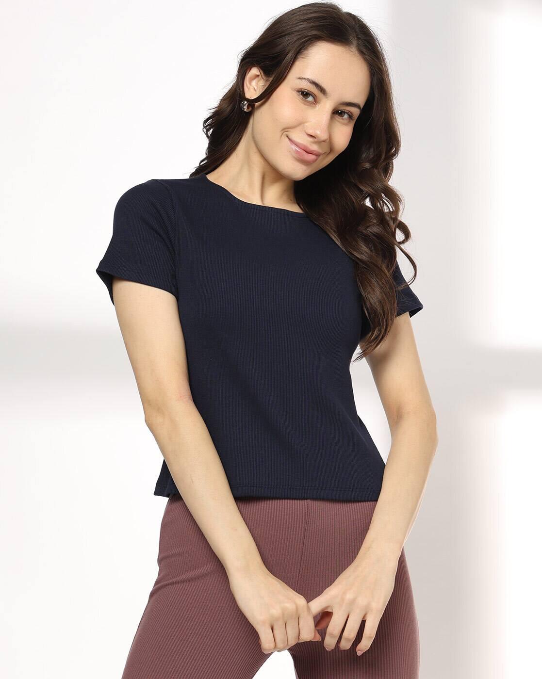 Women Ribbed Regular Fit Round-Neck T-Shirt
