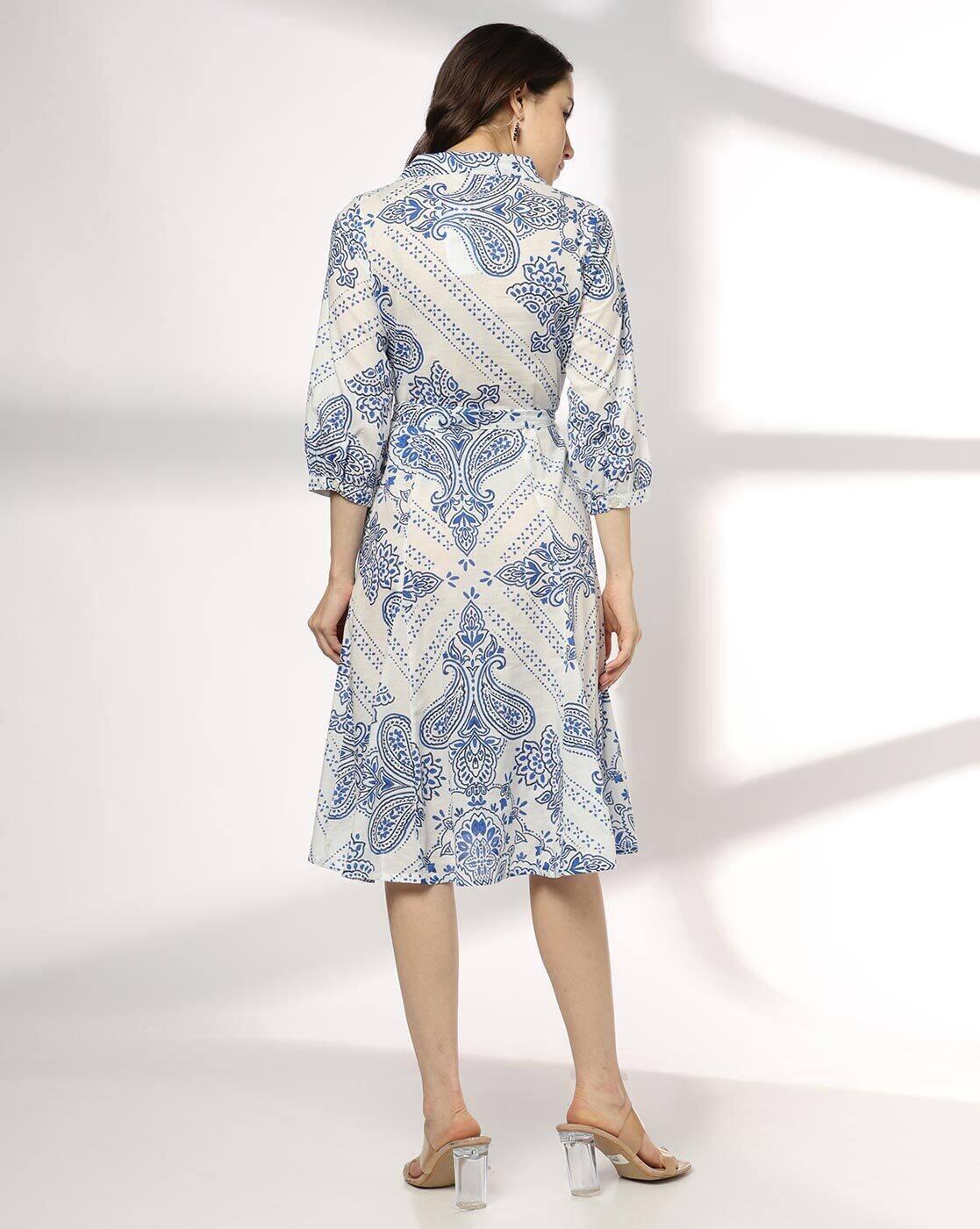 Women Paisley Print Shirt Dress with Tie-Up Belt