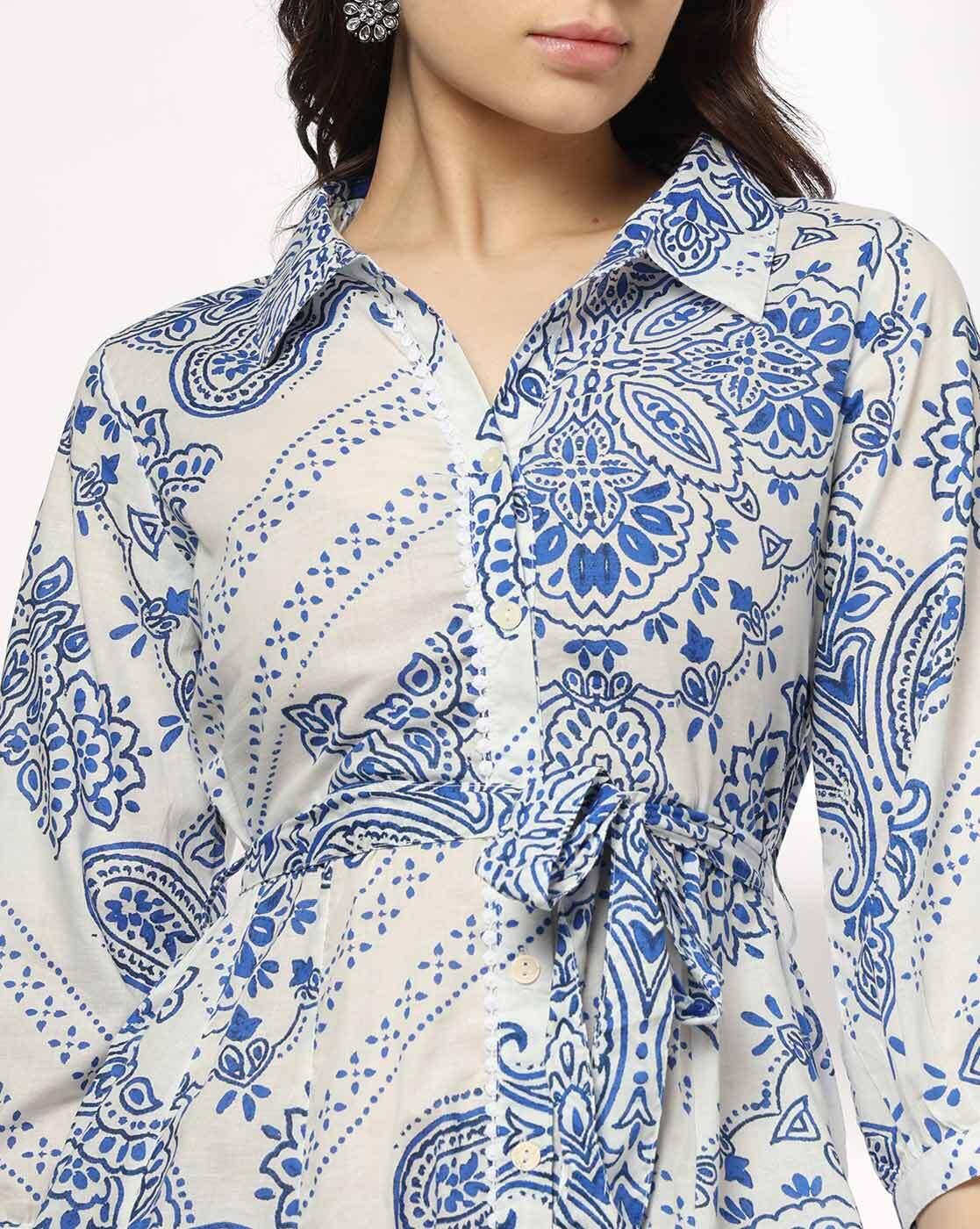 Women Paisley Print Shirt Dress with Tie-Up Belt